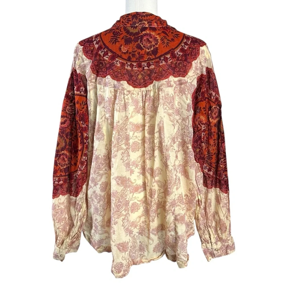 Free People Western Bohemian Dainty Rose Bud Button Down Oversized Blouse Medium